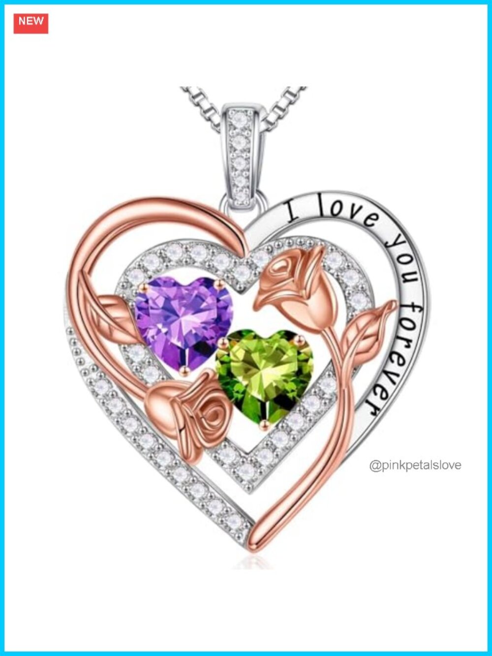 Double Birthstone Heart Pendant Necklace 925 Sterling Silver 19in Adj